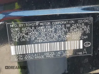2006 Lexus IS 250 with VIN JTHBK262X65013159, listed as a IAAI auction lot 42360207 with 163,427 mi miles and . Bid and sale history available at DreamBid. Image 9.
