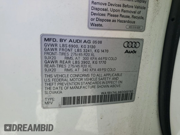 2008 Audi Q7 4.2L Premium with VIN WA1BV74L98D069193, listed as a Copart auction lot 68079534 with 146,584 mi miles and Salvage Title. Bid and sale history available at carsss.com. Image 13.