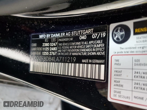 2020 Mercedes-Benz E 350 with VIN WDDZF8DB4LA711219, listed as a Copart auction lot 48941705 with 57,250 mi miles and Salvage Title. Bid and sale history available at DreamBid. Image 14.