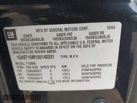 2005 GMC Envoy SLT z VIN 1GKET16M156142931, wystawiony jako IAAI lot #41584914 z przebiegiem 215 452 mil mil oraz . Historia ofert i sprzedaży dostępna na DreamBid. Obrazek 9.