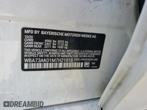 2021 BMW 2 Series 228i xDrive with VIN WBA73AK01M7H21918, listed as a Copart auction lot 48742195 with 30,674 mi miles and Salvage Title. Bid and sale history available at DreamBid. Image 12.