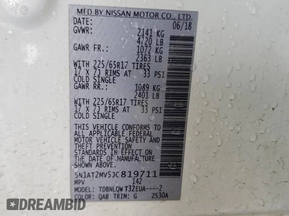 2018 Nissan Rogue SV with VIN 5N1AT2MV5JC819711, listed as a Copart auction lot 51777755 with 70,777 mi miles and Salvage Title. Bid and sale history available at carsss.com. Image 13.