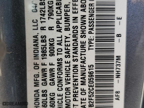 2012 Honda Civic Sdn LX with VIN 19XFB2F52CE059615, listed as a Copart auction lot 48976575 with 230,351 mi miles and Clean Title. Bid and sale history available at carsss.com. Image 12.