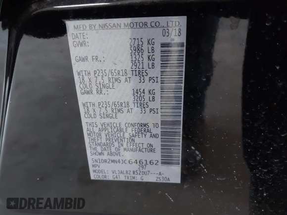 2018 Nissan Pathfinder SL with VIN 5N1DR2MN4JC646162, listed as a IAAI auction lot 40469653 with 190,216 mi miles and . Bid and sale history available at DreamBid. Image 9.
