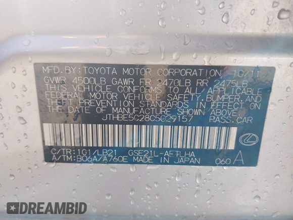 2012 Lexus IS 350 с VIN JTHBE5C28C5029157, выставлен на аукционе IAAI как лот 42134502 с пробегом 193 016 миль миль и . История ставок и продаж доступна на DreamBid. Изображение 9.