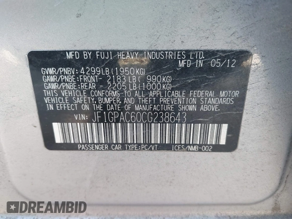 2012 Subaru Impreza Premium с VIN JF1GPAC60CG238643, выставлен на аукционе IAAI как лот 42269170 с пробегом 147 417 миль миль и . История ставок и продаж доступна на DreamBid. Изображение 9.