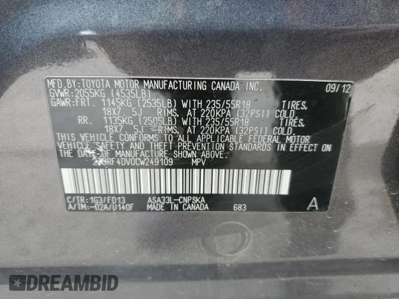 2012 Toyota RAV4 Sport z VIN 2T3RF4DV0CW249109, wystawiony jako Copart lot #53311165 z przebiegiem 220 563 mil mil oraz Szkoda całkowita • Salvage title. Historia ofert i sprzedaży dostępna na DreamBid. Obrazek 15.