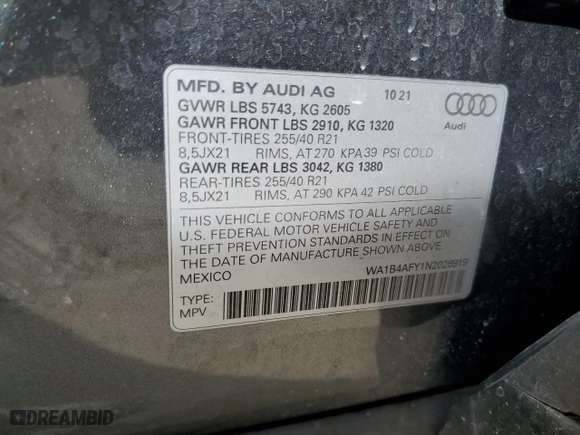 2022 Audi SQ5 Premium Plus with VIN WA1B4AFY1N2026919, listed as a Copart auction lot 73331814 with 37,014 mi miles and Non Repairable. Bid and sale history available at carsss.com. Image 13.