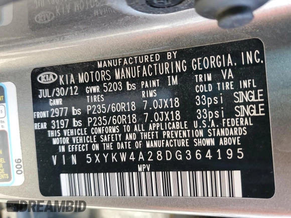 2013 Kia Sorento SX with VIN 5XYKW4A28DG364195, listed as a Copart auction lot 84892314 with 161,439 mi miles and Salvage title. Bid and sale history available at DreamBid. Image 13.
