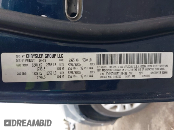2014 Dodge Journey American Value Pkg with VIN 3C4PDCAB4ET149493, listed as a IAAI auction lot 41549858 with 117,905 mi miles. Bid and sale history available at carsss.com. Image 9.