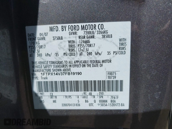 2007 Ford F-150 XLT with VIN 1FTPX14V37FB19190, listed as a IAAI auction lot 41776697 with 158,236 mi miles. Bid and sale history available at carsss.com. Image 9.