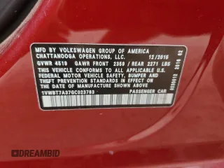 2016 Volkswagen Passat SE z VIN 1VWBT7A37GC023783, wystawiony jako Copart lot #60684605 z przebiegiem 145 337 mil mil oraz Czysty tytuł • Clean title. Historia ofert i sprzedaży dostępna na DreamBid. Obrazek 12.