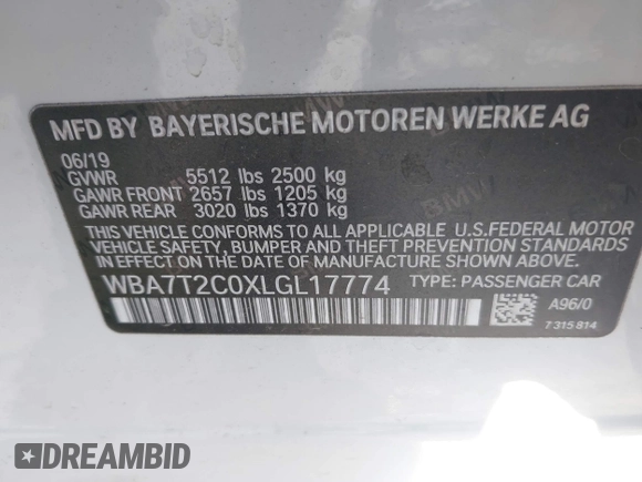 2020 BMW 7 Series 740i with VIN WBA7T2C0XLGL17774, listed as a IAAI auction lot 42278067 with 100,465 mi miles and . Bid and sale history available at DreamBid. Image 9.
