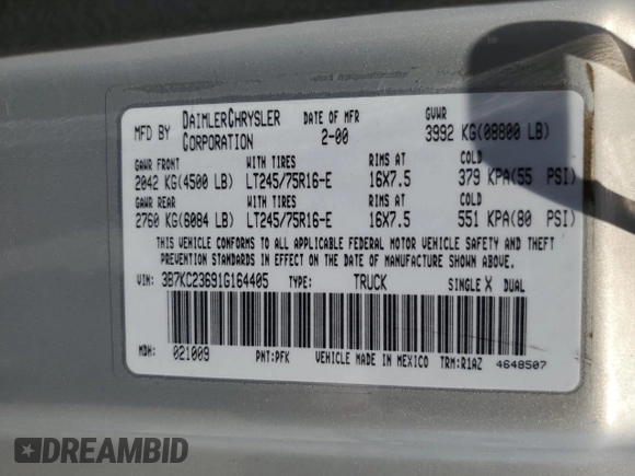 2001 Dodge 2500 with VIN 3B7KC23691G164405, listed as a Copart auction lot 55226025 with 144,428 mi miles and Salvage Title. Bid and sale history available at DreamBid. Image 12.