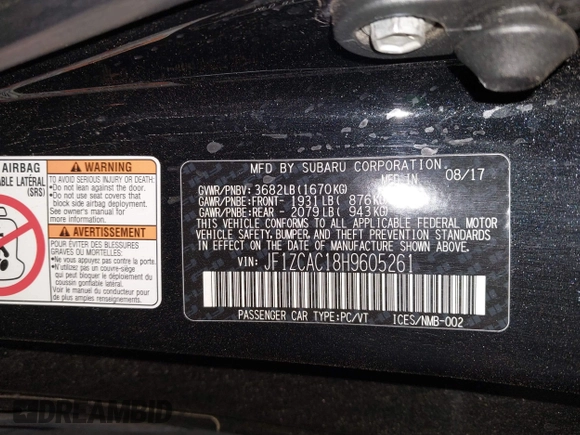 2017 Subaru BRZ Limited with VIN JF1ZCAC18H9605261, listed as a IAAI auction lot 42262007 with 62,051 mi miles and . Bid and sale history available at DreamBid. Image 9.