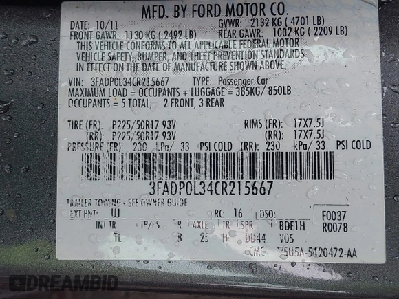 2012 Ford Fusion Hybrid with VIN 3FADP0L34CR215667, listed as a IAAI auction lot 41957936 with 158,914 mi miles and . Bid and sale history available at DreamBid. Image 9.
