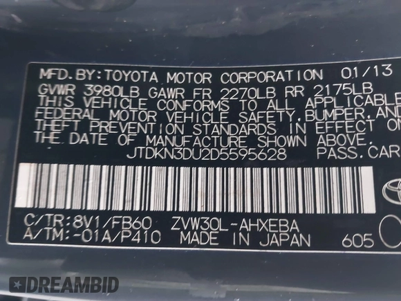 2013 Toyota Prius One with VIN JTDKN3DU2D5595628, listed as a IAAI auction lot 41208815 with 165,077 mi miles. Bid and sale history available at carsss.com. Image 9.