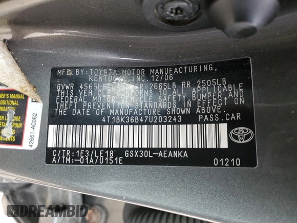 2007 Toyota Avalon XL z VIN 4T1BK36B47U203243, wystawiony jako Copart lot #43217085 z przebiegiem 250 749 mil mil oraz Nie do naprawy • Non repairable. Historia ofert i sprzedaży dostępna na DreamBid. Obrazek 14.