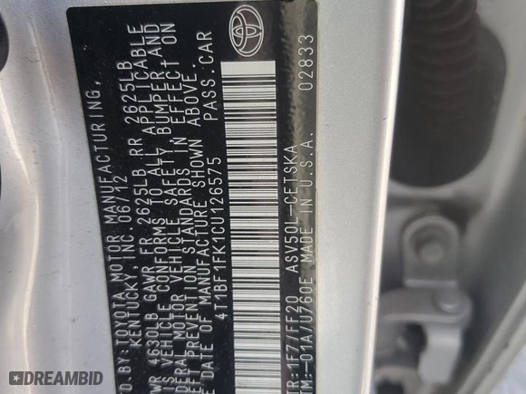 2012 Toyota Camry L with VIN 4T1BF1FK1CU126575, listed as a Copart auction lot 50151035 with 170,564 mi miles and Salvage Title. Bid and sale history available at carsss.com. Image 14.