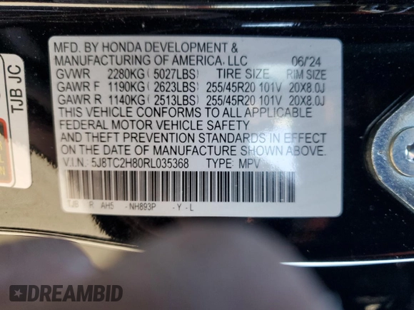 2024 Acura RDX Advance with VIN 5J8TC2H80RL035368, listed as a Copart auction lot 82957104 with Not provided miles and Salvage title. Bid and sale history available at DreamBid. Image 12.