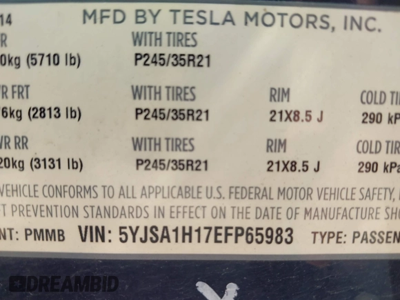 2014 Tesla Model S 60 with VIN 5YJSA1H17EFP65983, listed as a IAAI auction lot 42399288 with 166,365 mi miles and . Bid and sale history available at DreamBid. Image 9.