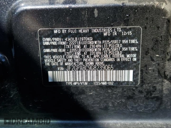 2016 Subaru Crosstrek Premium with VIN JF2GPABC9G8239065, listed as a Copart auction lot 62390795 with 96,400 mi miles and Salvage title. Bid and sale history available at DreamBid. Image 13.