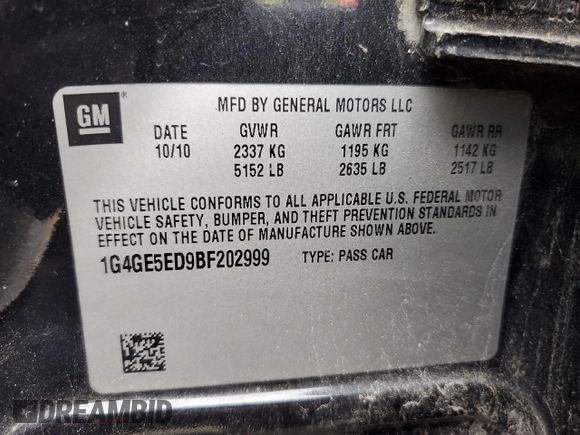 2011 Buick LaCrosse CXS with VIN 1G4GE5ED9BF202999, listed as a Copart auction lot 62631445 with 143,315 mi miles and Clean title. Bid and sale history available at DreamBid. Image 12.