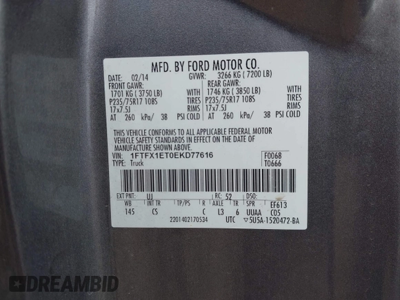 2014 Ford F-150 XL with VIN 1FTFX1ET0EKD77616, listed as a IAAI auction lot 42210217 with 195,715 mi miles and . Bid and sale history available at carsss.com. Image 9.