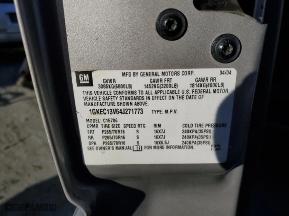 2004 GMC Yukon SLT with VIN 1GKEC13V64J271773, listed as a Copart auction lot 41693545 with 0 mi miles and Salvage Title. Bid and sale history available at carsss.com. Image 16.