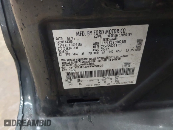 2015 Ford F-150 XLT with VIN 1FTFX1EG9FFA23526, listed as a IAAI auction lot 42701240 with 199,758 mi miles and . Bid and sale history available at DreamBid. Image 9.