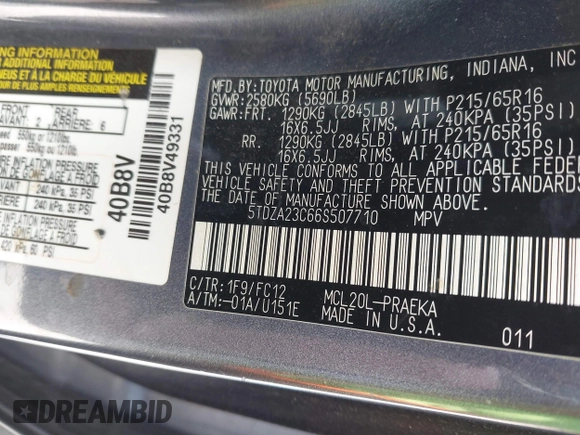 2006 Toyota Sienna CE with VIN 5TDZA23C66S507710, listed as a IAAI auction lot 42080237 with 227,023 mi miles. Bid and sale history available at carsss.com. Image 9.