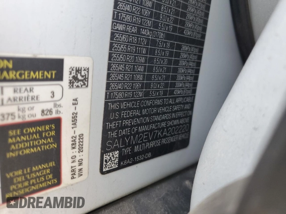 2019 Land Rover Range Rover Velar with VIN SALYM2EV7KA202220, listed as a Copart auction lot 53994715 with 85,482 mi miles and Clean Title. Bid and sale history available at DreamBid. Image 13.