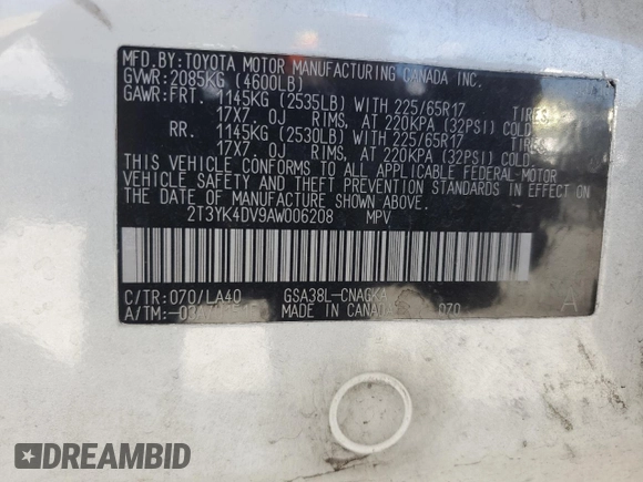 2010 Toyota RAV4 Limited with VIN 2T3YK4DV9AW006208, listed as a Copart auction lot 47644785 with 179,435 mi miles and Salvage title. Bid and sale history available at DreamBid. Image 14.