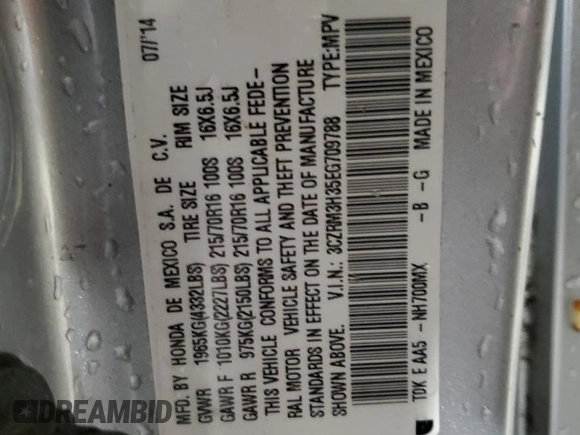 2014 Honda CR-V LX with VIN 3CZRM3H35EG709788, listed as a Copart auction lot 52065655 with 170,070 mi miles and Salvage Title. Bid and sale history available at carsss.com. Image 15.