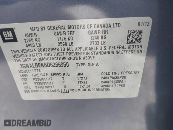 2013 Chevrolet Equinox LS z VIN 2GNALBEK6D6265950, wystawiony jako IAAI lot #42302761 z przebiegiem 180 078 mil mil oraz . Historia ofert i sprzedaży dostępna na DreamBid. Obrazek 9.