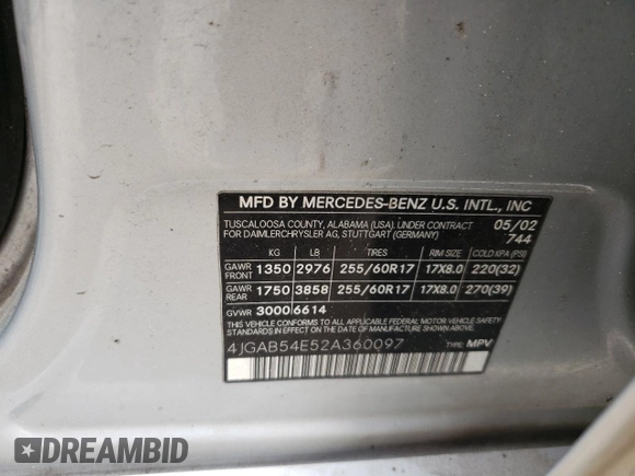 2002 Mercedes-Benz M-Class with VIN 4JGAB54E52A360097, listed as a Copart auction lot 72983104 with 199,445 mi miles and Salvage Title. Bid and sale history available at carsss.com. Image 14.