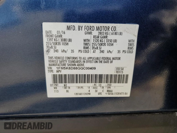 2016 Ford Explorer XLT with VIN 1FM5K8D88GGC00409, listed as a Copart auction lot 53890745 with 175,762 mi miles and Salvage Title. Bid and sale history available at DreamBid. Image 13.