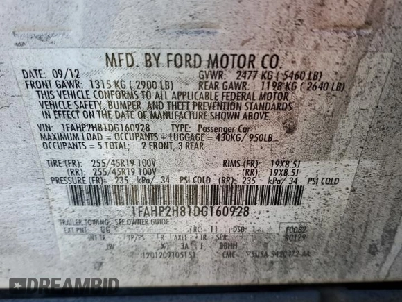 2013 Ford Taurus SEL with VIN 1FAHP2H81DG160928, listed as a Copart auction lot 43796985 with Not Provided miles and Salvage Title. Bid and sale history available at DreamBid. Image 12.