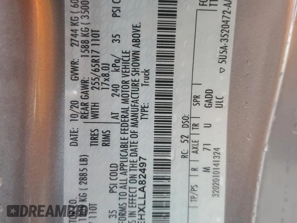 2020 Ford Ranger XL with VIN 1FTER1EHXLLA82497, listed as a Copart auction lot 44917445 with 53,391 mi miles and Salvage Title. Bid and sale history available at DreamBid. Image 12.