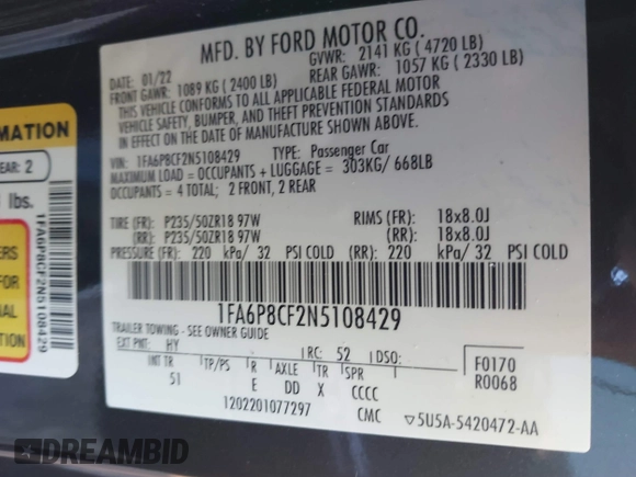 2022 Ford Mustang GT with VIN 1FA6P8CF2N5108429, listed as a IAAI auction lot 41048259 with 14,904 mi miles and . Bid and sale history available at DreamBid. Image 9.