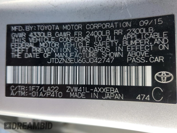 2016 Toyota Prius Two z VIN JTDZN3EU6GJ042747, wystawiony jako Copart lot #51418915 z przebiegiem 181 253 mil mil oraz Szkoda całkowita • Salvage title. Historia ofert i sprzedaży dostępna na DreamBid. Obrazek 12.