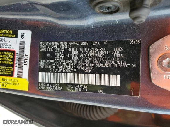 2008 Toyota Tundra 2WD Truck LTD with VIN 5TFEV58118X067128, listed as a Copart auction lot 89377305 with NaN miles and Salvage Title. Bid and sale history available at carsss.com. Image 12.