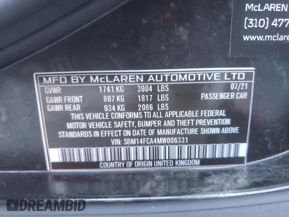 2021 McLaren 720S z VIN SBM14FCA4MW006331, wystawiony jako Copart lot #85341394 z przebiegiem 4552 mil mil oraz Szkody całkowita. Historia ofert i sprzedaży dostępna na DreamBid. Obrazek 12.