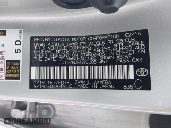2016 Toyota Prius Two with VIN JTDZN3EU9GJ051457, listed as a IAAI auction lot 41312979 with 89,136 mi miles and . Bid and sale history available at DreamBid. Image 9.