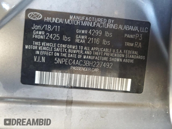 2011 Hyundai Sonata Limited with VIN 5NPEC4AC3BH227492, listed as a Copart auction lot 43235995 with 105,795 mi miles and Salvage Title. Bid and sale history available at DreamBid. Image 12.