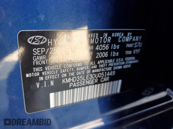 2013 Hyundai Elantra with VIN KMHD35LE3DU051449, listed as a Copart auction lot 81881154 with 123,969 mi miles and Salvage Title. Bid and sale history available at DreamBid. Image 12.