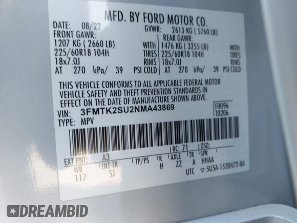 2022 Ford Mustang Mach-E California Route 1 with VIN 3FMTK2SU2NMA43869, listed as a IAAI auction lot 42153585 with 20,444 mi miles and . Bid and sale history available at DreamBid. Image 9.
