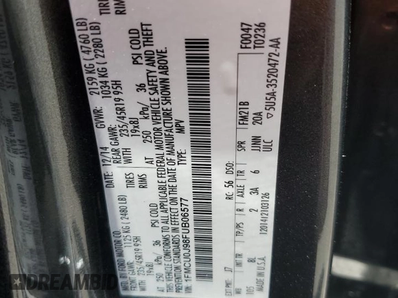 2015 Ford Escape Titanium z VIN 1FMCU0J98FUB06577, wystawiony jako Copart lot #61341175 z przebiegiem 66 206 mil mil oraz Szkoda całkowita • Salvage title. Historia ofert i sprzedaży dostępna na DreamBid. Obrazek 13.