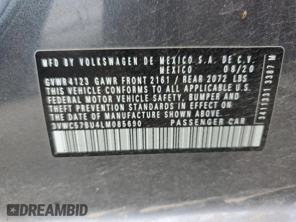 2020 Volkswagen Jetta S с VIN 3VWC57BU4LM085690, выставлен на аукционе Copart как лот 58292025 с пробегом 48 017 миль миль и Списание • Salvage title. История ставок и продаж доступна на DreamBid. Изображение 13.