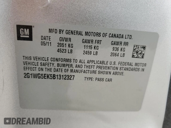 2011 Chevrolet Impala LT Fleet with VIN 2G1WG5EK5B1312327, listed as a Copart auction lot 50802345 with 222,959 mi miles and Salvage title. Bid and sale history available at DreamBid. Image 14.